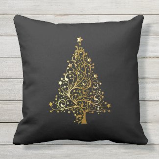 Merry Christmas Tree Stars Black Gold Shiny Chic Outdoor Pillow