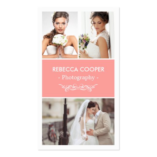 Modern Wedding Photo Collage - Elegant Coral Pink Double-Sided Standard Business Cards (Pack Of 100) (front side)