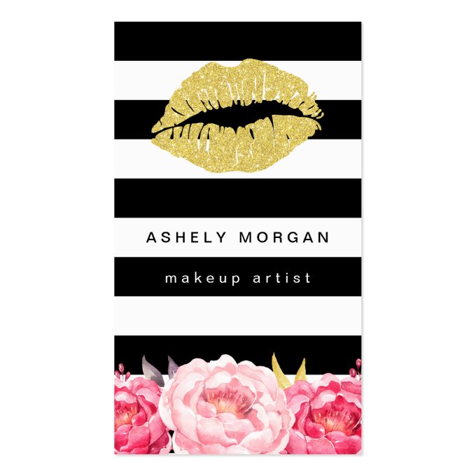 Makeup Artist Gold Lips Modern Floral Deco Stripes Business Card (front side)