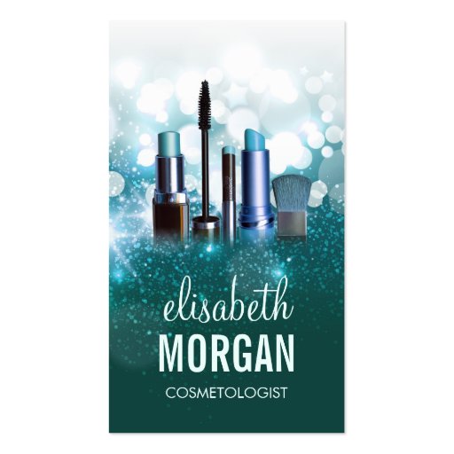 Makeup Artist Cosmetician - Teal Turquoise Glitter Business Cards (front side)