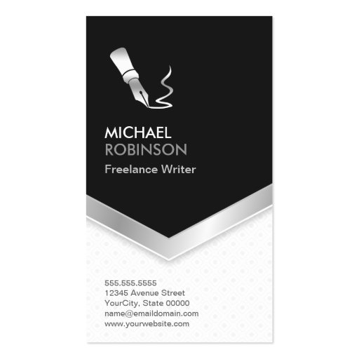 Freelance Writer - Modern Elegant Black Silver Business Cards (front side)
