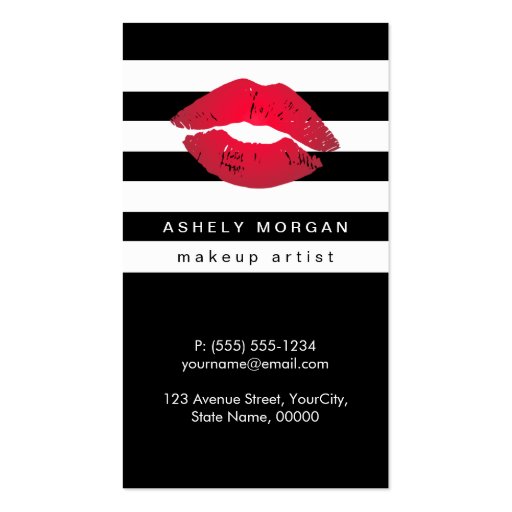 Modern Makeup Red Lips - Chic Black White Stripes Double-Sided Standard Business Cards (Pack Of 100) (front side)
