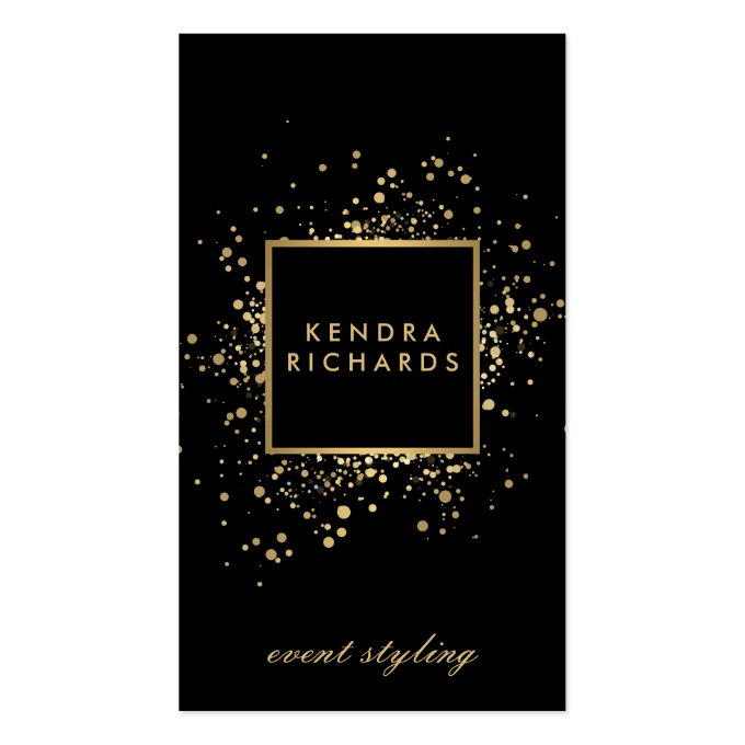 Scattered Faux Gold Confetti on Modern Black Business Card (front side)