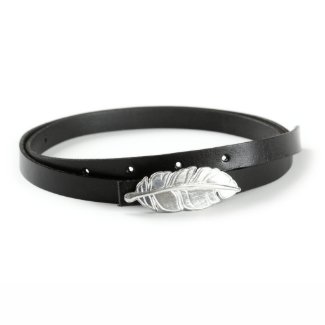 Boho Feather Buckle with Black Genuine Italian Leather Skinny Belt