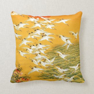 Vintage Japanese Cranes at Sunset Throw Pillow