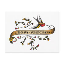 Swallow and Scroll with Cross-stitching postcards