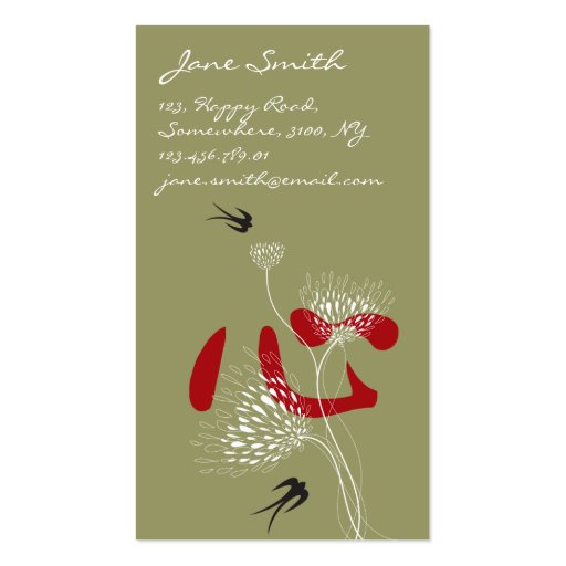 Swallows Birds Chinese Heart Oriental Kanji Floral Business Card Templates (front side)