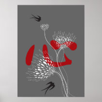 Swallows, Flowers & Chinese Heart Poster