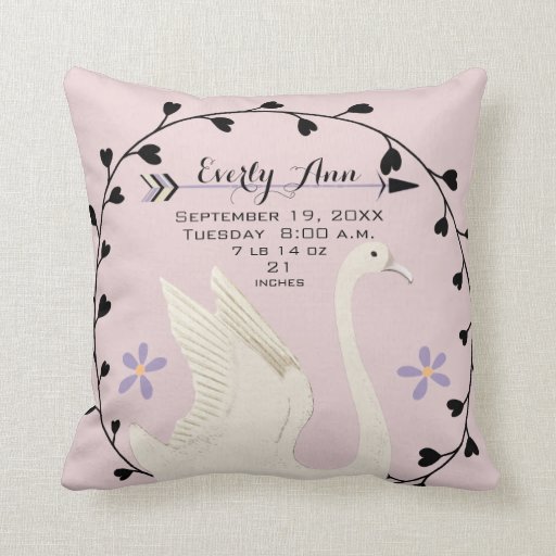 Swan Baby Girl Nursery Baby Stats or Birth Record Throw Pillow Zazzle