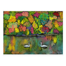 swan lake in autumn colors postcards