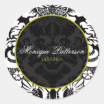 Swanky Sage Black Damask Chic Round Sticker stickers