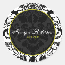 Swanky Sage Black Damask Chic Round Sticker