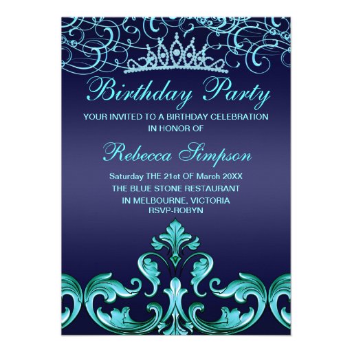 Sweet16 Dark Blue Damask & Tiara Birthday Invite