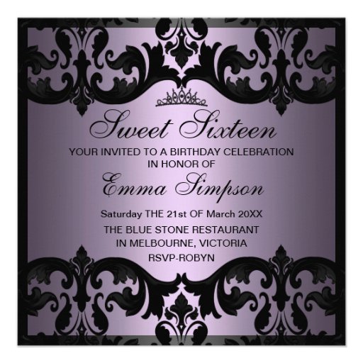 Sweet16 Purple Elegant Damask Birthday Invite