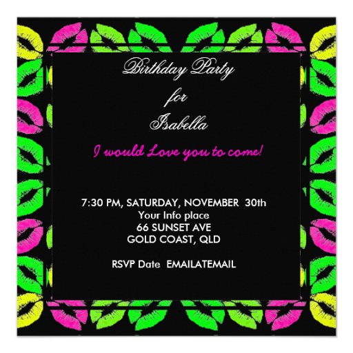 Sweet 13 13th Birthday Lips Cow Lime Pink Black Custom Invites