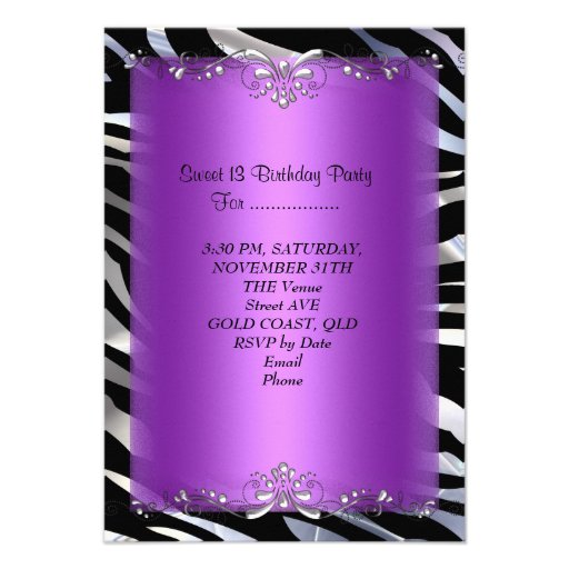 Sweet 13 13th Birthday Pink Purple Zebra Custom Invitation