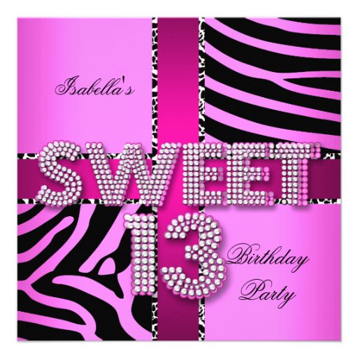 Sweet 13 13th Birthday Zebra Cow Pink Black Announcements