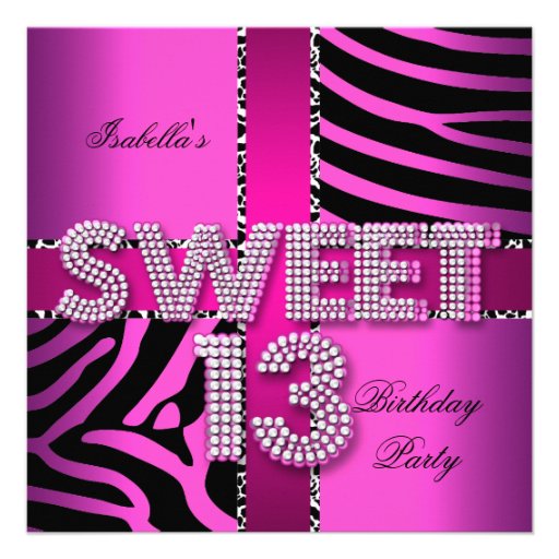 Sweet 13 13th Birthday Zebra Cow Pink Black Personalized Invitations