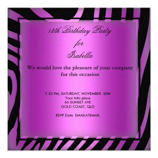 Sweet 13 13th Birthday Zebra Cow Pink Purple Invitation
