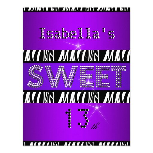 Sweet 13 13th Birthday Zebra Purple Black Invite