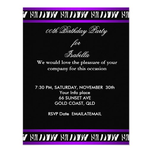 Sweet 13 13th Birthday Zebra Purple Black Invite