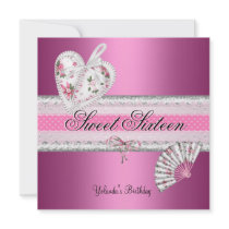 Sweet 16 16th Birthday Pretty Pink Heart Fan Custom Invitation