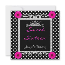 Sweet 16 16th Black White spot Pink floral Tiara Custom Invitations