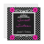 Sweet 16 16th Black White spot Pink floral Tiara invitations
