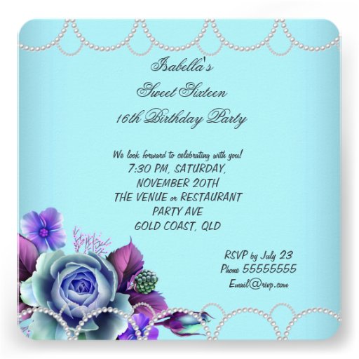 Sweet 16 16th Floral Teal Purple Butterfly Pearl Personalized Invitations