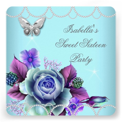 Sweet 16 16th Floral Teal Purple Butterfly Pearl Personalized Invitations