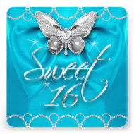 Sweet 16 16th Teal Blue Butterfly Pearl Party Custom Invites