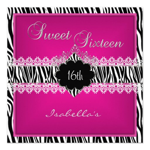 Sweet 16 16th Zebra Lace Sweet Sixteen Pink Personalized Announcement