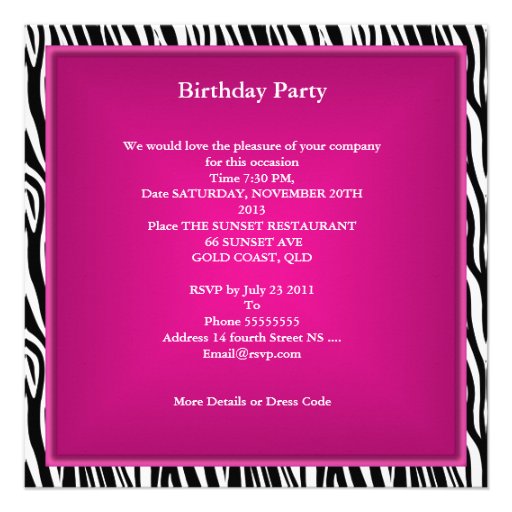 Sweet 16 16th Zebra Lace Sweet Sixteen Pink Personalized Announcement