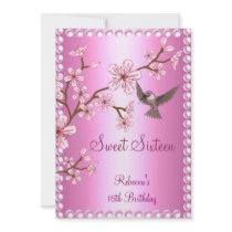 Sweet 16 Birthday Asian Pink Pearl Flowers Bird Announcement