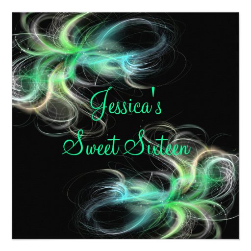 Sweet 16 Birthday Black & Blue Green Swirls Personalized Announcements