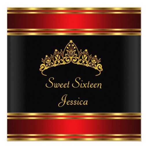 Sweet 16 Birthday Black Red Gold Silver Tiara Personalized Invites