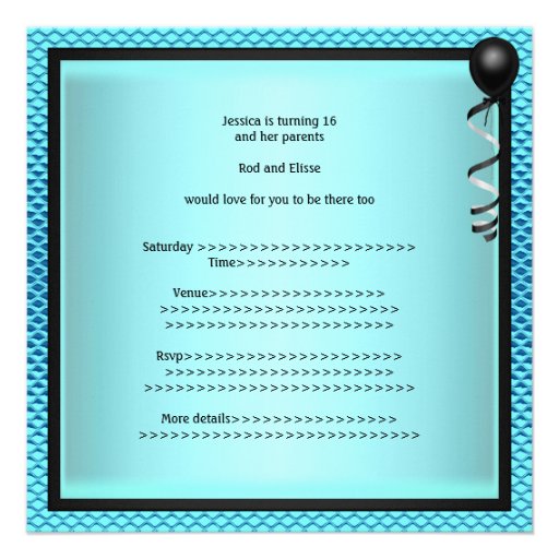 Sweet 16 Birthday Blue Black Bow Custom Invite
