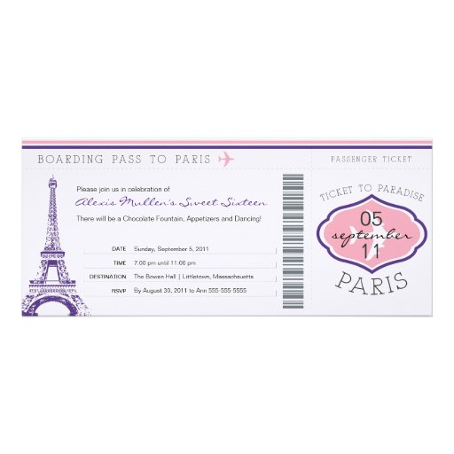 Sweet 16 Birthday Boarding Pass to Paris Personalized Announcements (front side)