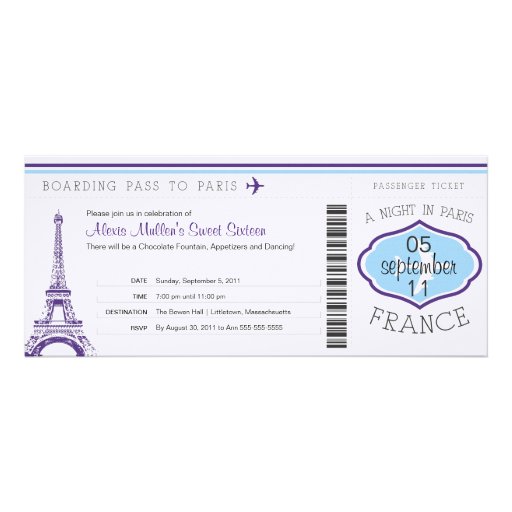 Sweet 16 Birthday Boarding Pass to Paris Custom Invitation (front side)