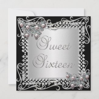 Sweet 16 Birthday Butterflies Silver Black zazzle_invitation