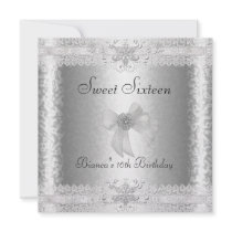 Sweet 16 Birthday Elegant Silver White Floral 2 Custom Invite