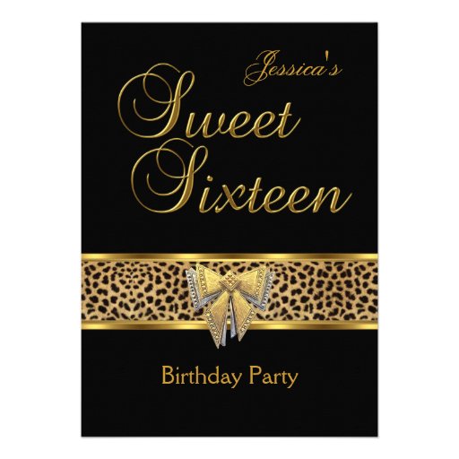 Sweet 16 Birthday Gold Black Leopard bow Invite