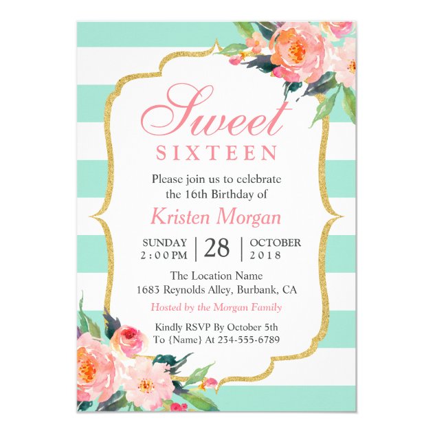 Sweet 16 Birthday | Mint Green Stripes Pink Floral Card (front side)