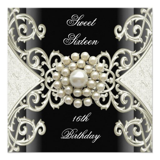 Sweet 16 Birthday Party Black White Cream Pearl Invites
