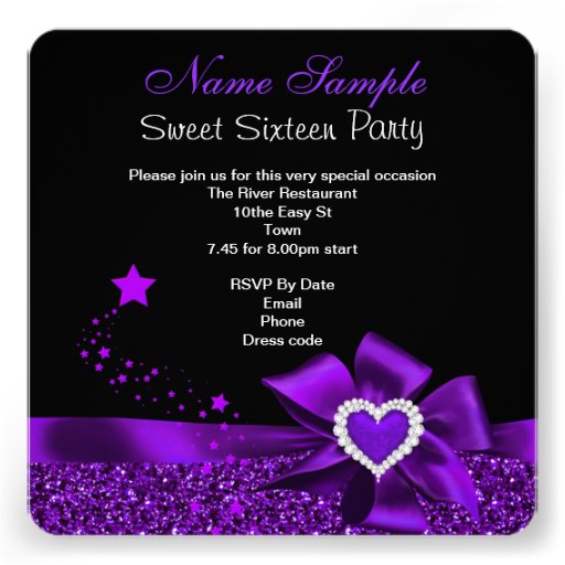 Sweet 16 Birthday Party Purple Heart Photo Glitter Personalized Announcement