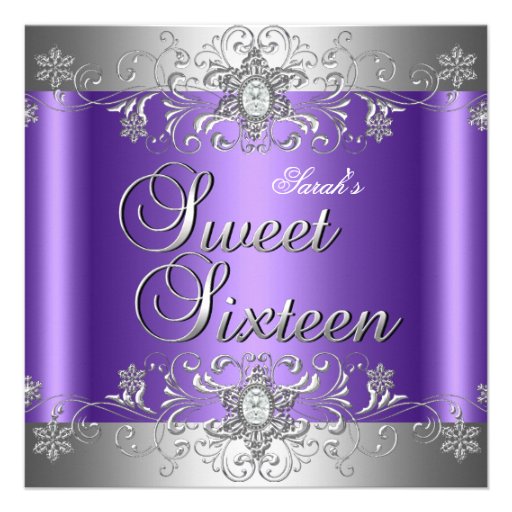 Sweet 16 Birthday Party Purple Silver Diamond Invites