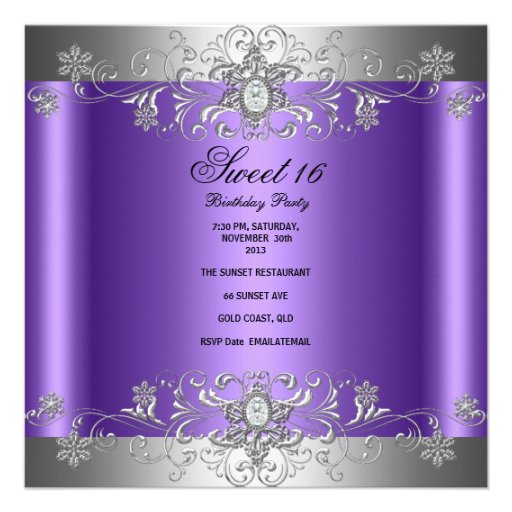Sweet 16 Birthday Party Purple Silver Diamond Invites