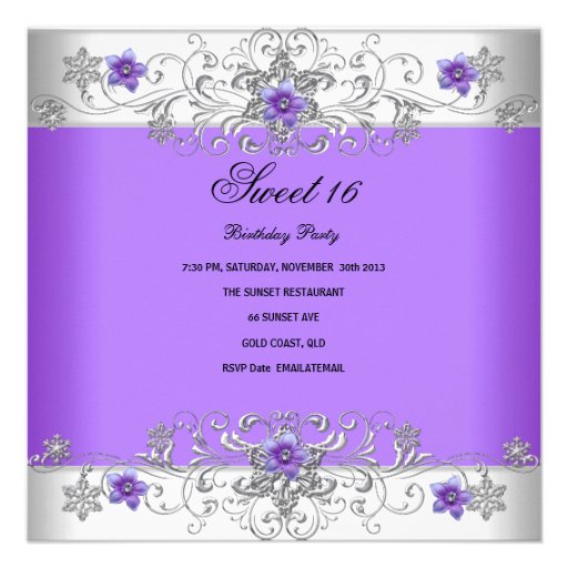 Sweet 16 Birthday Party Purple White Diamond Personalized Invites