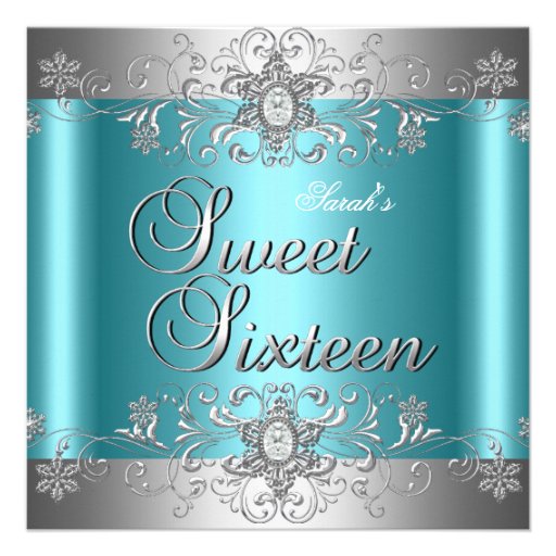 Sweet 16 Birthday Party Teal Blue Silver Diamond Announcements