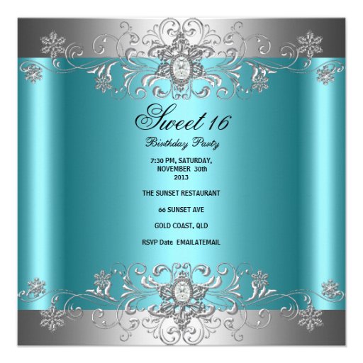 Sweet 16 Birthday Party Teal Blue Silver Diamond Announcements